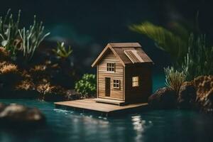 a miniature house on a small island in the water. AI-Generated photo