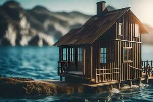 un pequeño de madera casa en un muelle en el agua. generado por ai foto