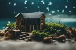 un miniatura casa en un pequeño isla en el océano. generado por ai foto