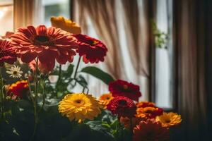 flowers in a vase on a table in front of a window. AI-Generated photo