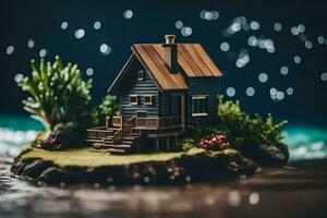 a miniature house on a small island in the ocean. AI-Generated photo