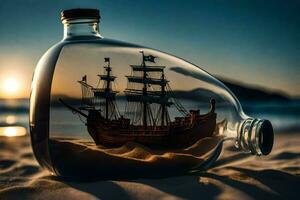 a ship in a bottle on the beach. AI-Generated photo