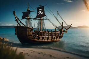 a pirate ship on the beach with the sun setting behind it. AI-Generated photo