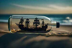 ship in a bottle on the beach. AI-Generated photo