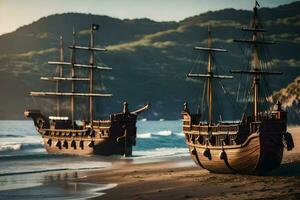 two wooden ships on the beach near the ocean. AI-Generated photo