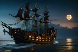 un pirata Embarcacion en el Oceano a noche. generado por ai foto