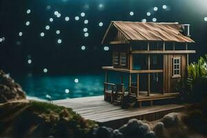 a miniature house on a dock with lights. AI-Generated photo