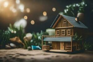 a miniature wooden house on the beach. AI-Generated photo