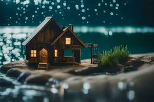 a miniature house on the beach at night. AI-Generated photo