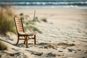 un de madera silla se sienta en el playa cerca el océano. generado por ai foto