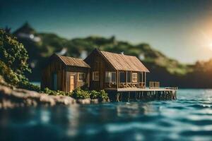 un miniatura casa en un muelle en el océano. generado por ai foto