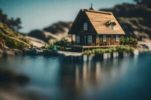 a small wooden house on a small island. AI-Generated photo