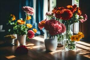 flowers in vases on a table. AI-Generated photo