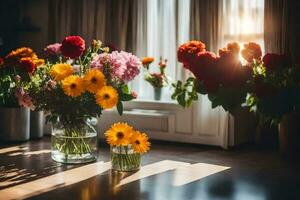 flores en floreros en un mesa en frente de un ventana. generado por ai foto