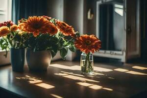 orange flowers in vases on a table. AI-Generated photo