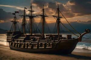a wooden pirate ship on the beach at sunset. AI-Generated photo