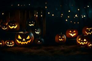 halloween pumpkins in the dark with lights. AI-Generated photo