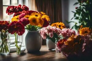 flores en floreros en un mesa cerca un ventana. generado por ai foto