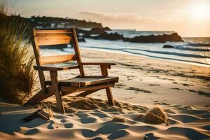 un de madera silla se sienta en el playa a puesta de sol. generado por ai foto