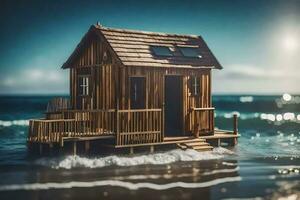 a miniature wooden house on the beach. AI-Generated photo