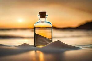 message in a bottle on the beach. AI-Generated photo