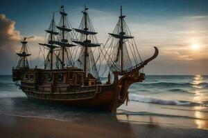 a pirate ship on the beach at sunset. AI-Generated photo