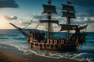 a pirate ship on the beach at sunset. AI-Generated photo