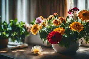 a vase of flowers on a table near a window. AI-Generated photo