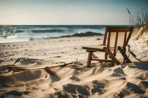 un silla se sienta en el arena cerca el océano. generado por ai foto