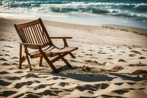 un de madera silla se sienta en el playa cerca el océano. generado por ai foto