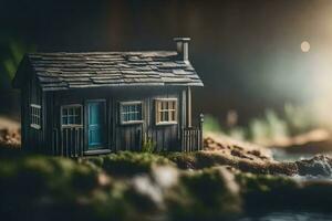 un miniatura casa en un pequeño isla. generado por ai foto