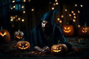 a man in a hooded robe sitting in front of pumpkins. AI-Generated photo