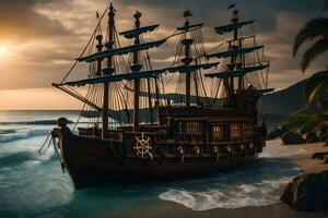 a pirate ship on the beach at sunset. AI-Generated photo