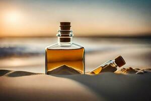 a bottle of whiskey on the beach at sunset. AI-Generated photo