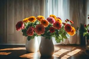 two vases with flowers sitting on a wooden floor. AI-Generated photo