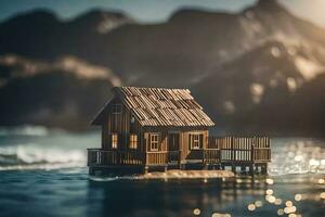 a miniature wooden house floating in the water. AI-Generated photo