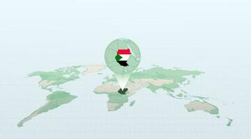 World map in perspective showing the location of the country Sudan with detailed map with flag of Sudan. vector