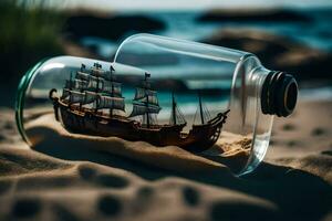 a ship in a bottle on the beach. AI-Generated photo