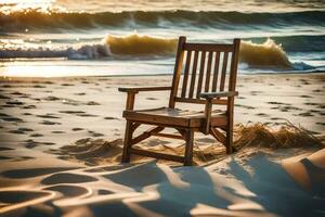 a wooden chair sits on the beach at sunset. AI-Generated photo