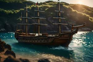 a pirate ship is sailing on the ocean. AI-Generated photo