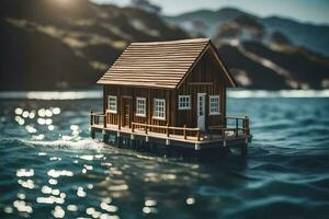 un miniatura casa flotante en el océano. generado por ai foto