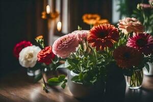 flores en floreros en un mesa. generado por ai foto