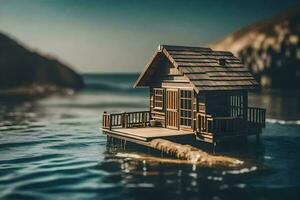 a tiny house on a small island in the middle of the ocean. AI-Generated photo