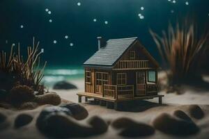 a miniature house on the beach at night. AI-Generated photo