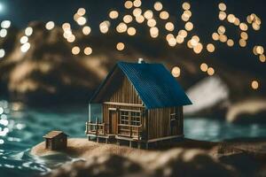 a small wooden house on the beach with lights in the background. AI-Generated photo