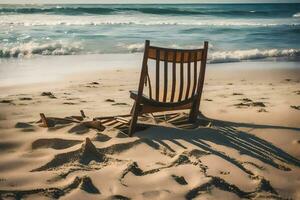 a wooden chair sits on the beach near the ocean. AI-Generated photo