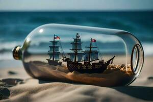 a ship in a bottle on the beach. AI-Generated photo