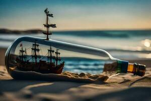 a ship in a bottle on the beach. AI-Generated photo