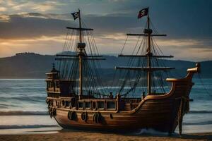 a pirate ship on the beach at sunset. AI-Generated photo