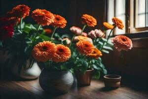 orange flowers in a vase on a wooden table. AI-Generated photo